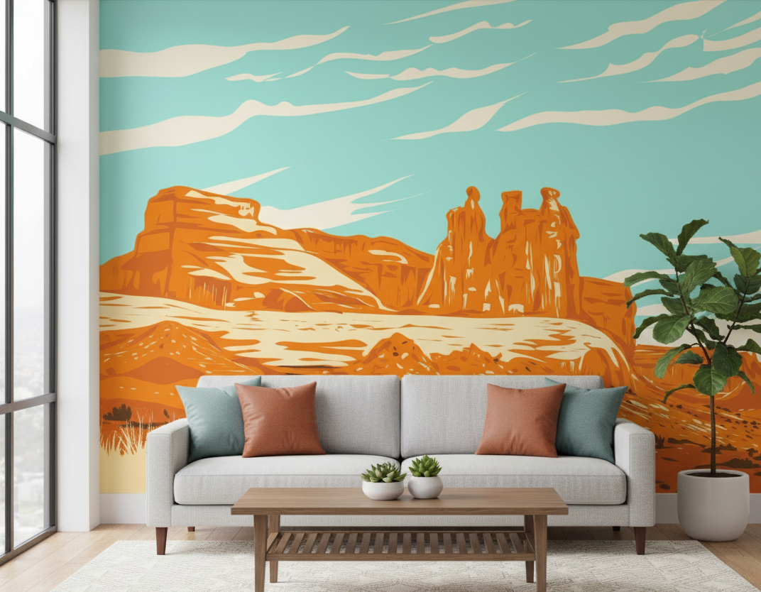 Living room with a couch, coffee table, and wall mural of desert landscape.