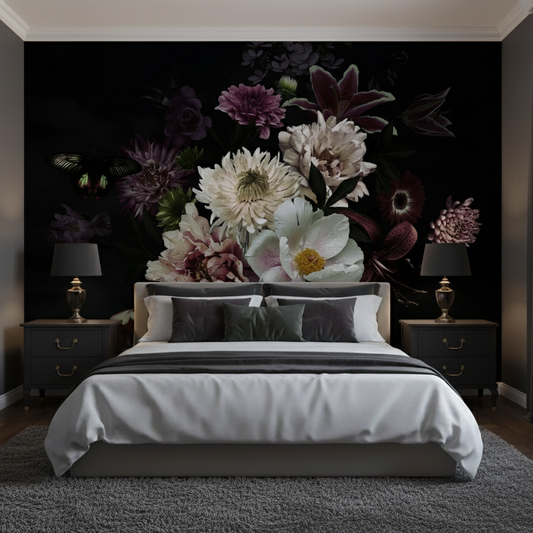Modern bedroom with floral wall mural and dark gray walls
