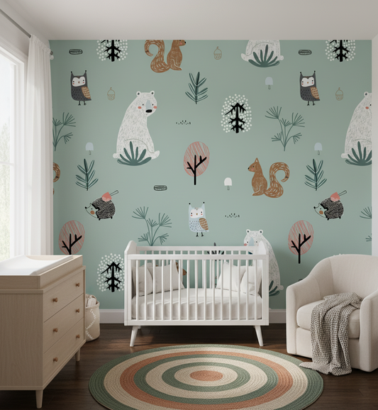 Nursery room with a crib, dresser, and armchair against a wall with forest-themed wallpaper.