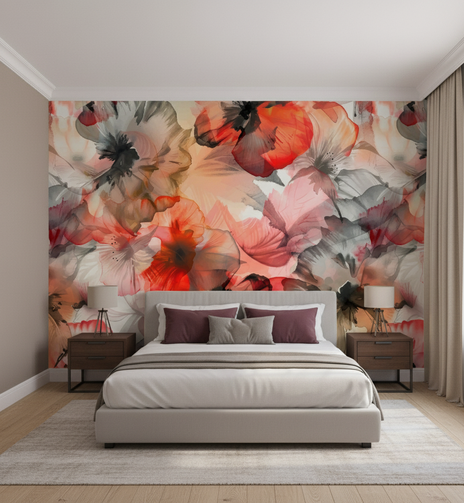 Modern bedroom with floral wall mural and bed