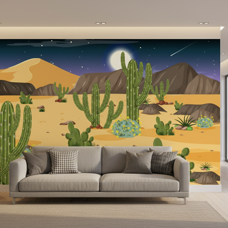 Living room with a large desert wall mural featuring cacti and mountains.
