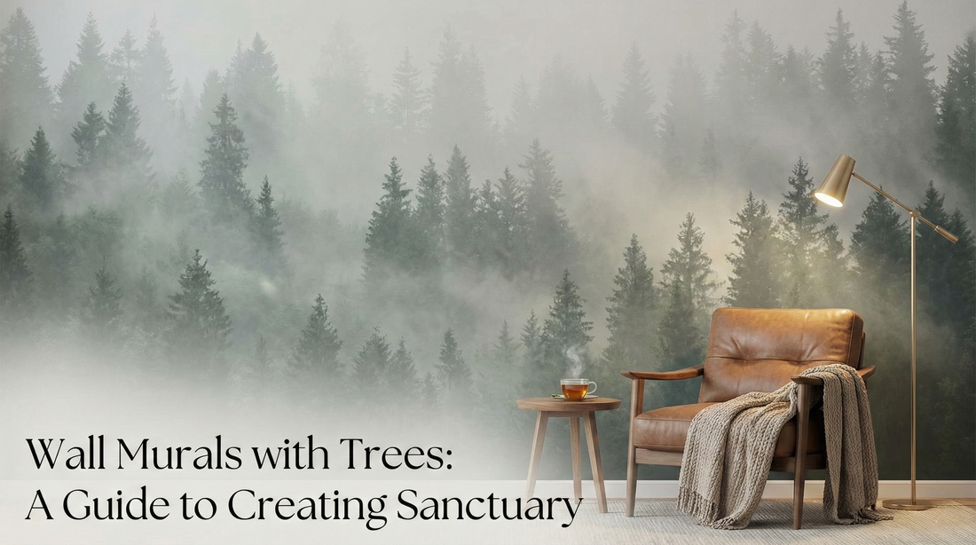 Cozy reading nook featuring a misty pine forest wall mural behind a leather armchair. Text overlay reads: 'Wall Murals with Trees: A Guide to Creating Sanctuary'.