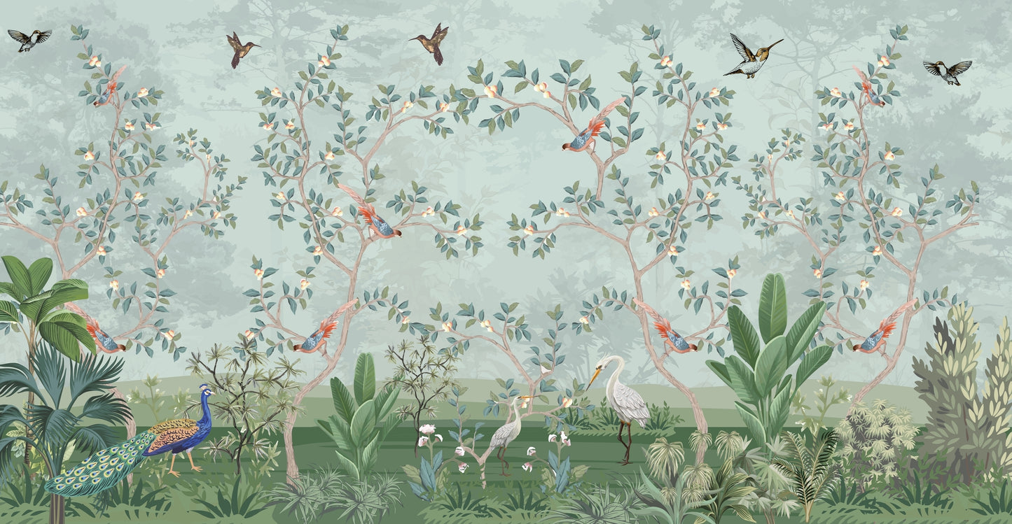 Decorative wallpaper with birds and plants on a light blue background