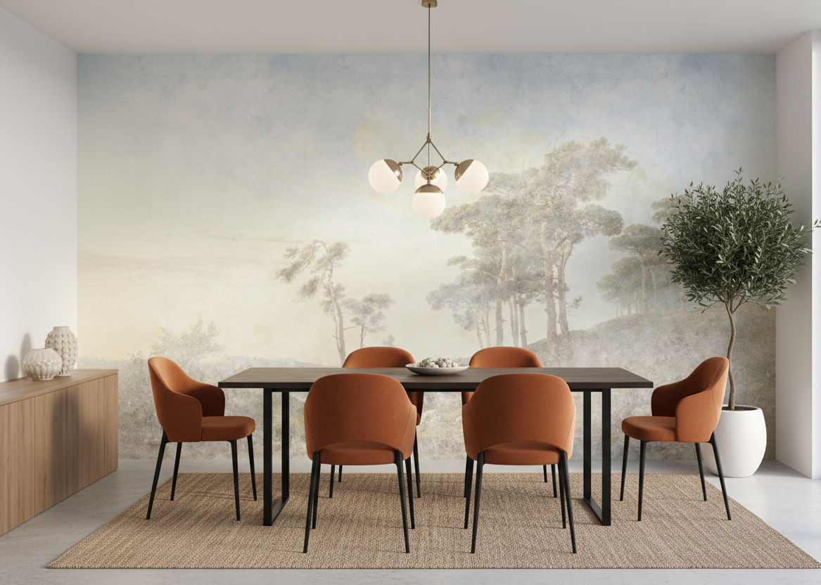 Dining room with orange chairs around a table, featuring a scenic wall mural.