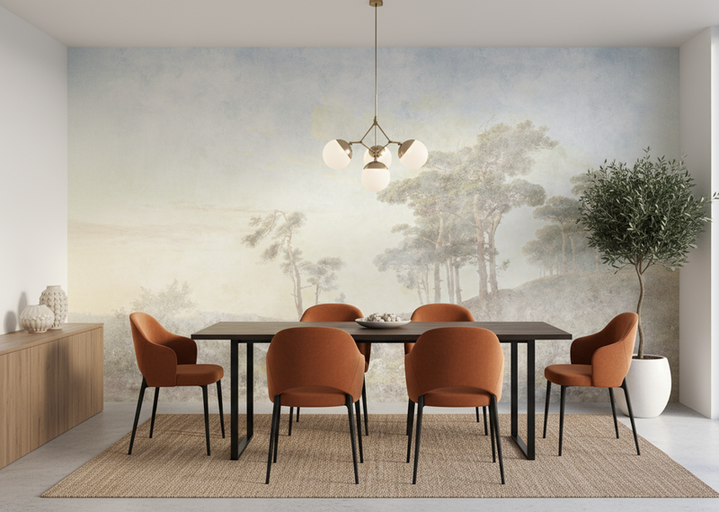 Dining room with orange chairs around a table, featuring a scenic wall mural.