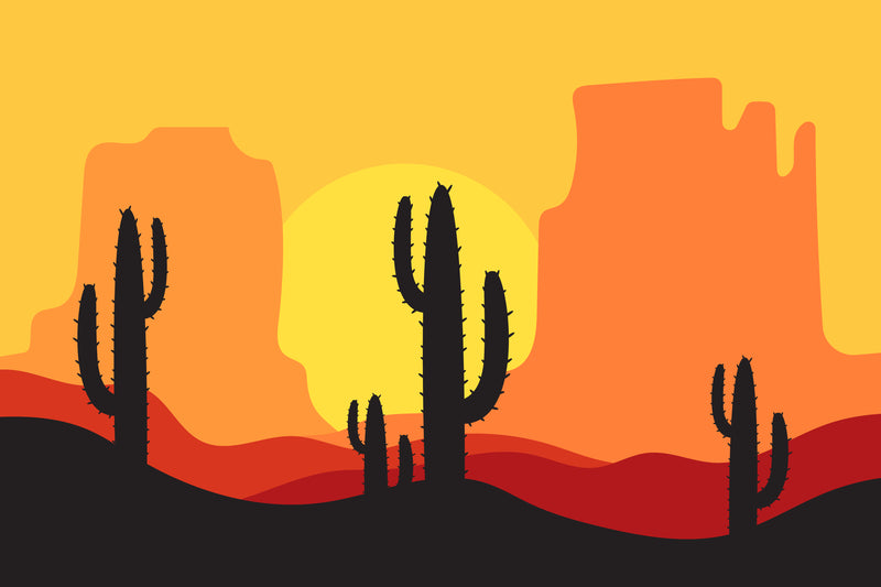 Desert landscape with cacti and rock formations against a yellow sky
