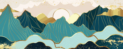 Decorative design of stylized mountains with a sun in the center, featuring blue, green, and gold colors.