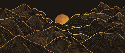 Line art of mountains with a sun or moon in the center on a black background