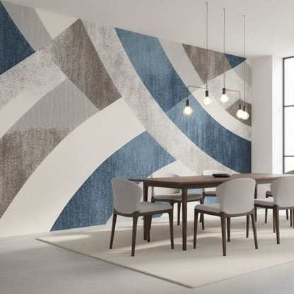 Abstract Geometric Arc Mural, Modern Blue & Grey Swirl Wall Covering