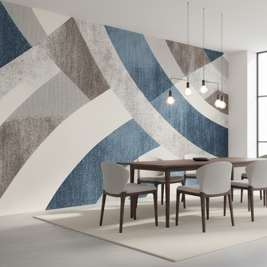 Abstract Geometric Arc Mural, Modern Blue & Grey Swirl Wall Covering
