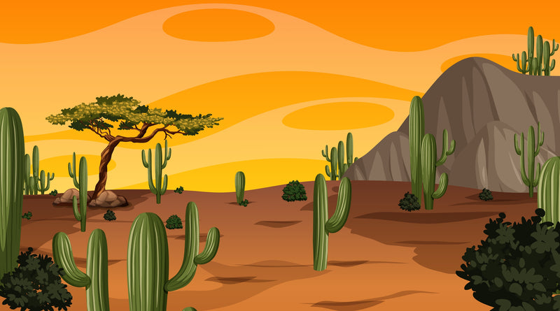 Desert landscape with cacti and a mountain under an orange sky.