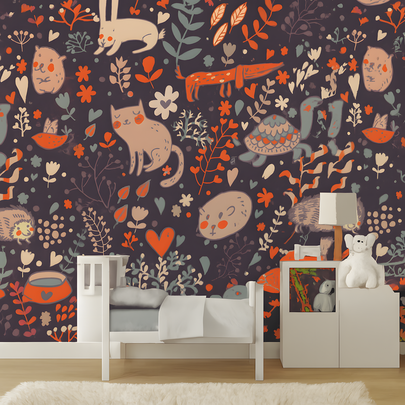 Children's room with colorful animal-themed wallpaper and furniture.