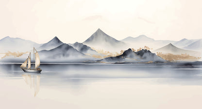 Sailing boat on a calm sea with mountains in the background