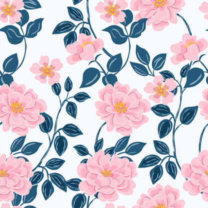 Pattern of pink flowers with yellow centers and dark blue leaves on a white background
