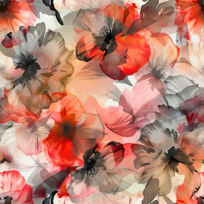 Floral pattern with red, gray, and black flowers on a light background
