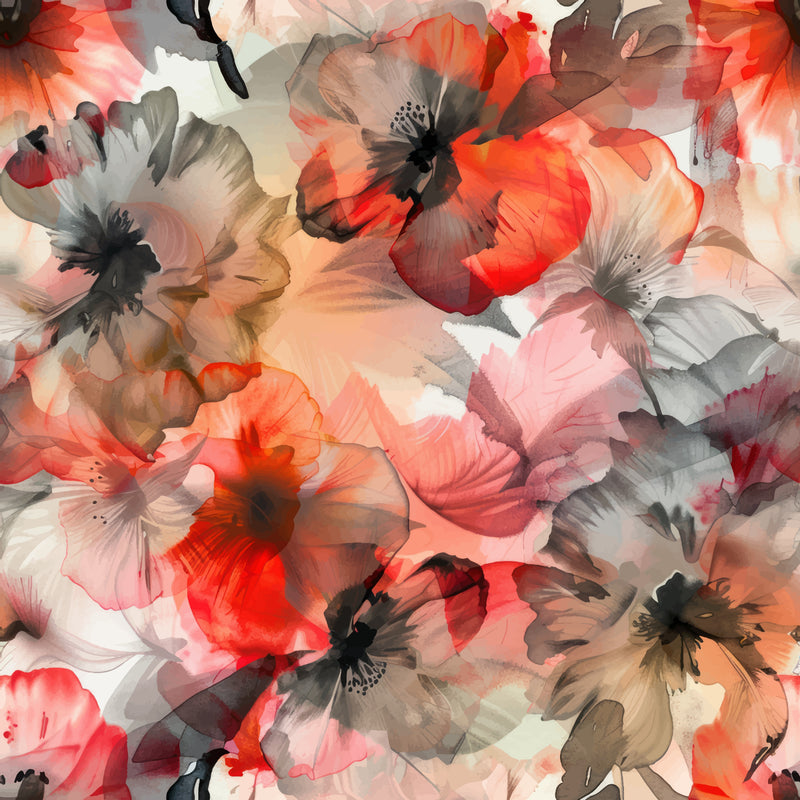 Floral pattern with red, gray, and black flowers on a light background