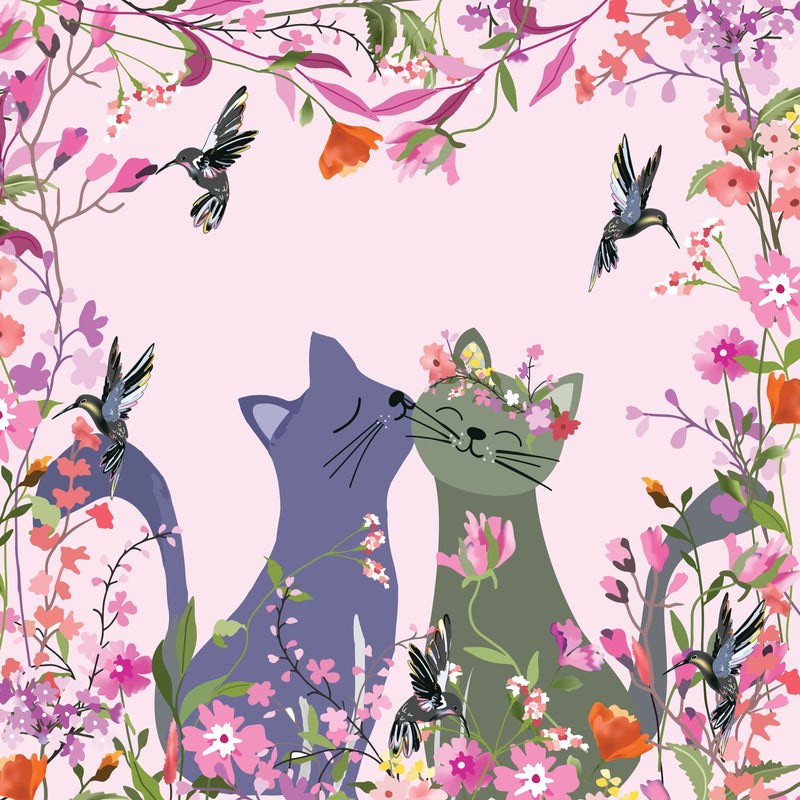 Two cats in a floral setting with hummingbirds