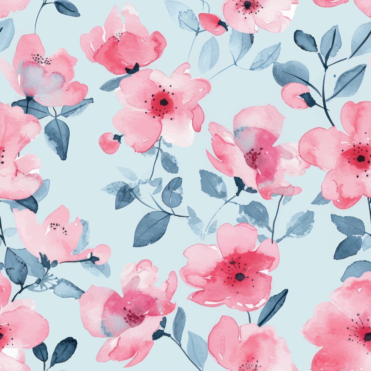 Pattern of pink flowers with green leaves on a light blue background