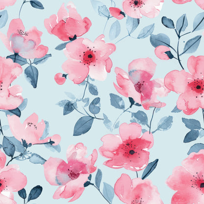 Pattern of pink flowers with green leaves on a light blue background