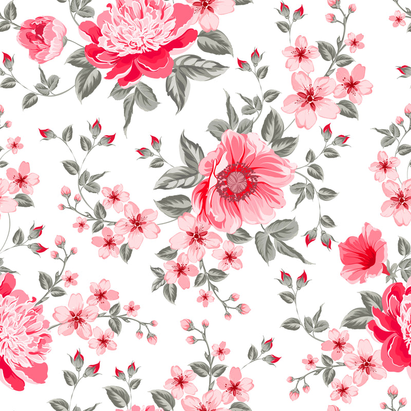 Floral pattern with pink and red flowers on a white background