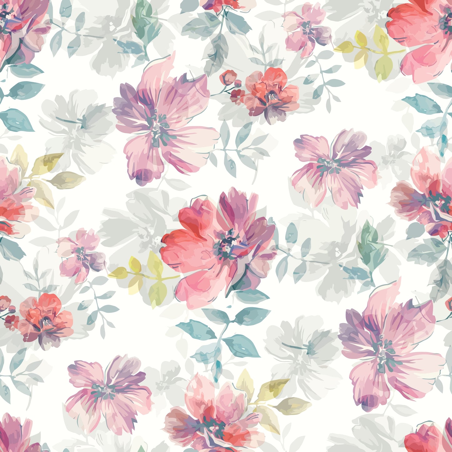 Floral pattern with pink, red, and purple flowers on a white background