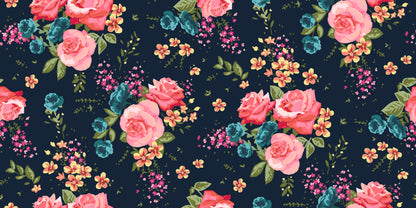 Floral pattern with pink and blue flowers on a dark background
