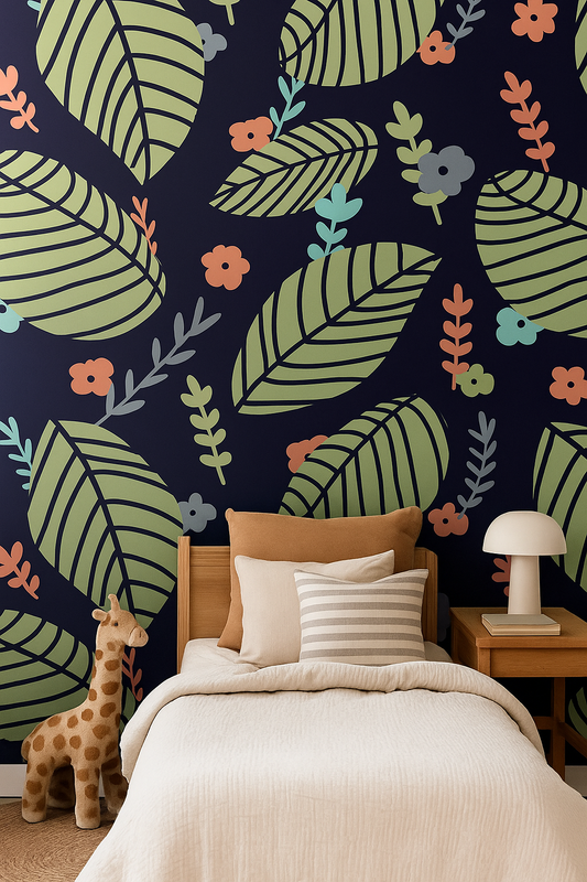Bedroom with colorful leaf patterned wallpaper, bed, and nightstand.