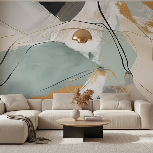 Abstract Gold Line Art Mural, Sage Green & Ochre Wall Decor
