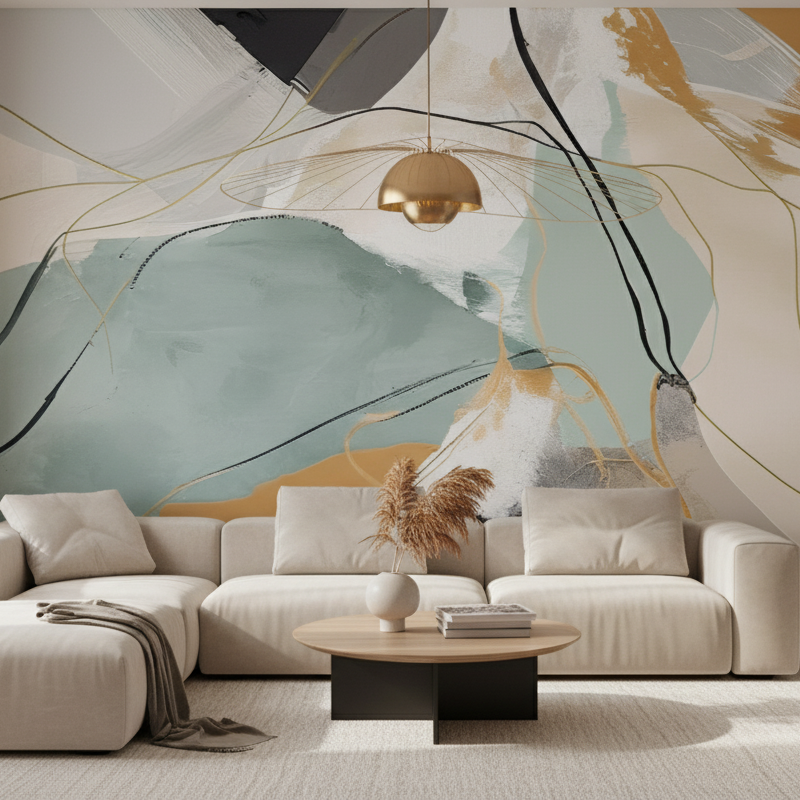 Abstract Gold Line Art Mural, Sage Green & Ochre Wall Decor