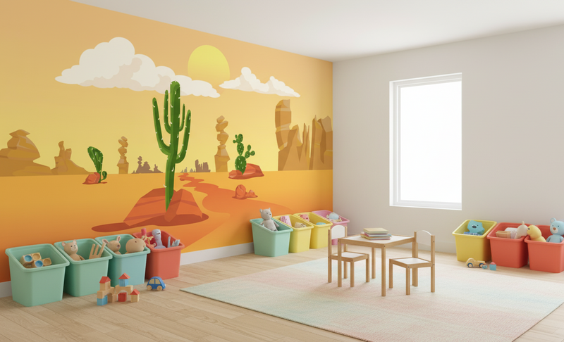 Children's playroom with desert-themed wall mural and colorful toys.