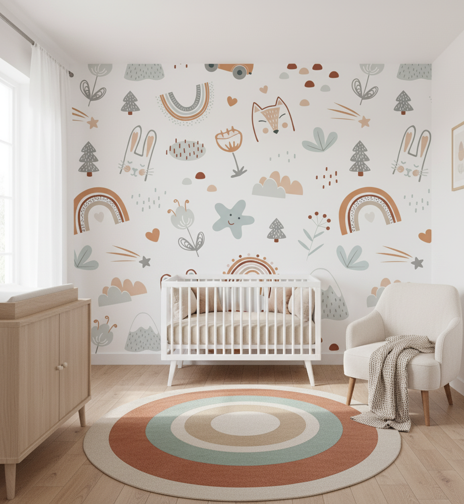 Nursery room with crib, dresser, and colorful wall mural.