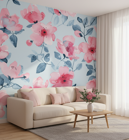 Living room with floral wall mural and beige sofa