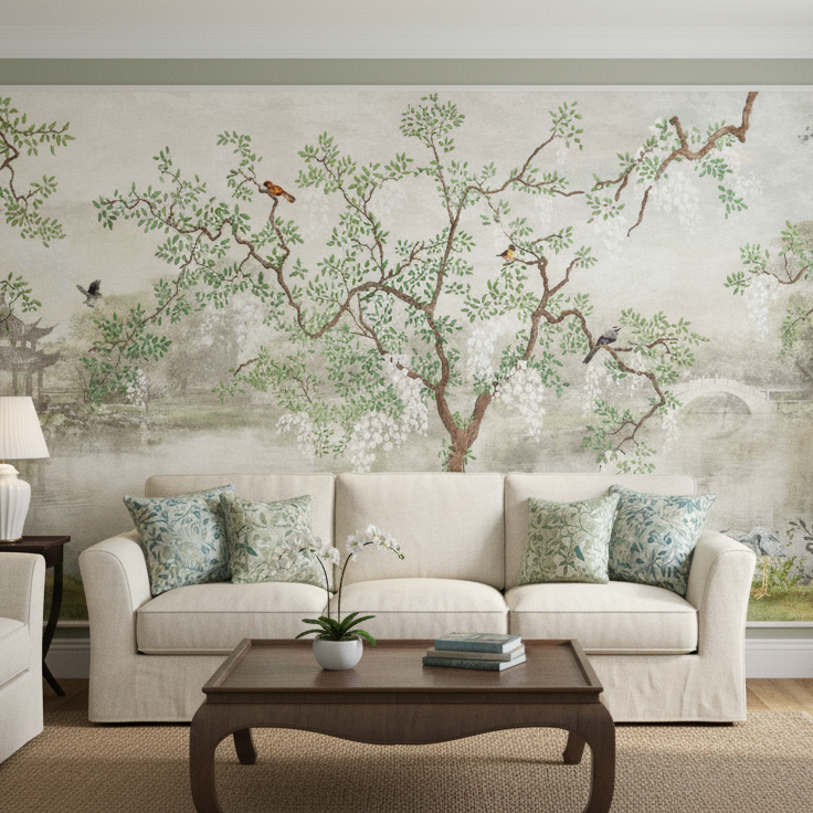 Pagoda Serenity mural, Featuring birds, trees & a riverside pagoda scene