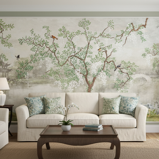 Pagoda Serenity mural, Featuring birds, trees & a riverside pagoda scene