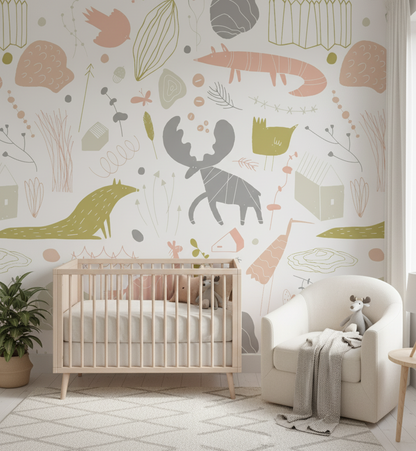 Whimsy Wild Mural, Playful Animals & Pastel Shapes for Modern Nurseries