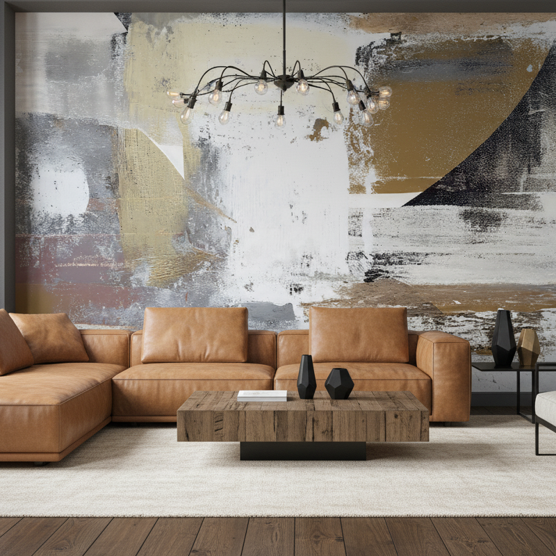 Industrial Abstract Mural Art, Ochre Gold Textured Wall Art