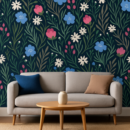 Gray sofa with decorative pillows against a floral-patterned wall.