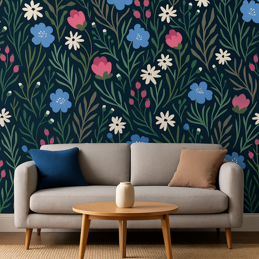 Gray sofa with decorative pillows against a floral-patterned wall.