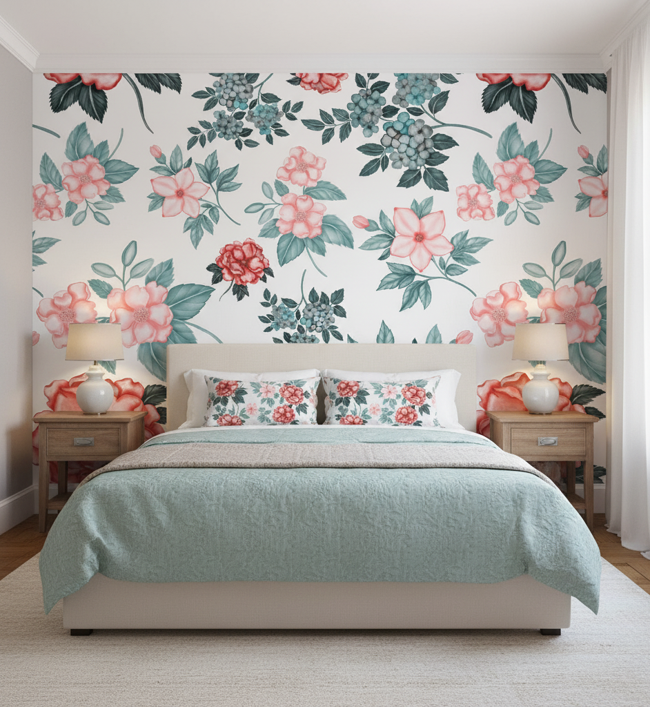 Bedroom with floral wallpaper and matching bedding