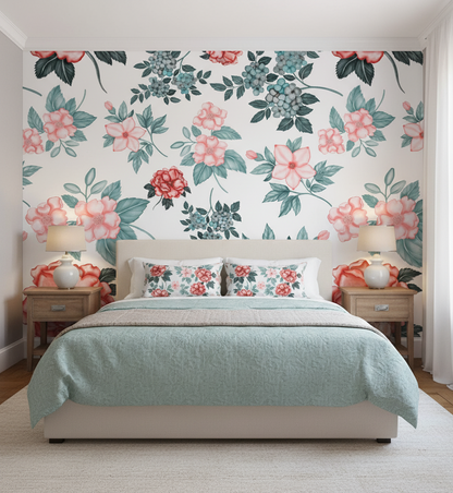 Bedroom with floral wallpaper and matching bedding