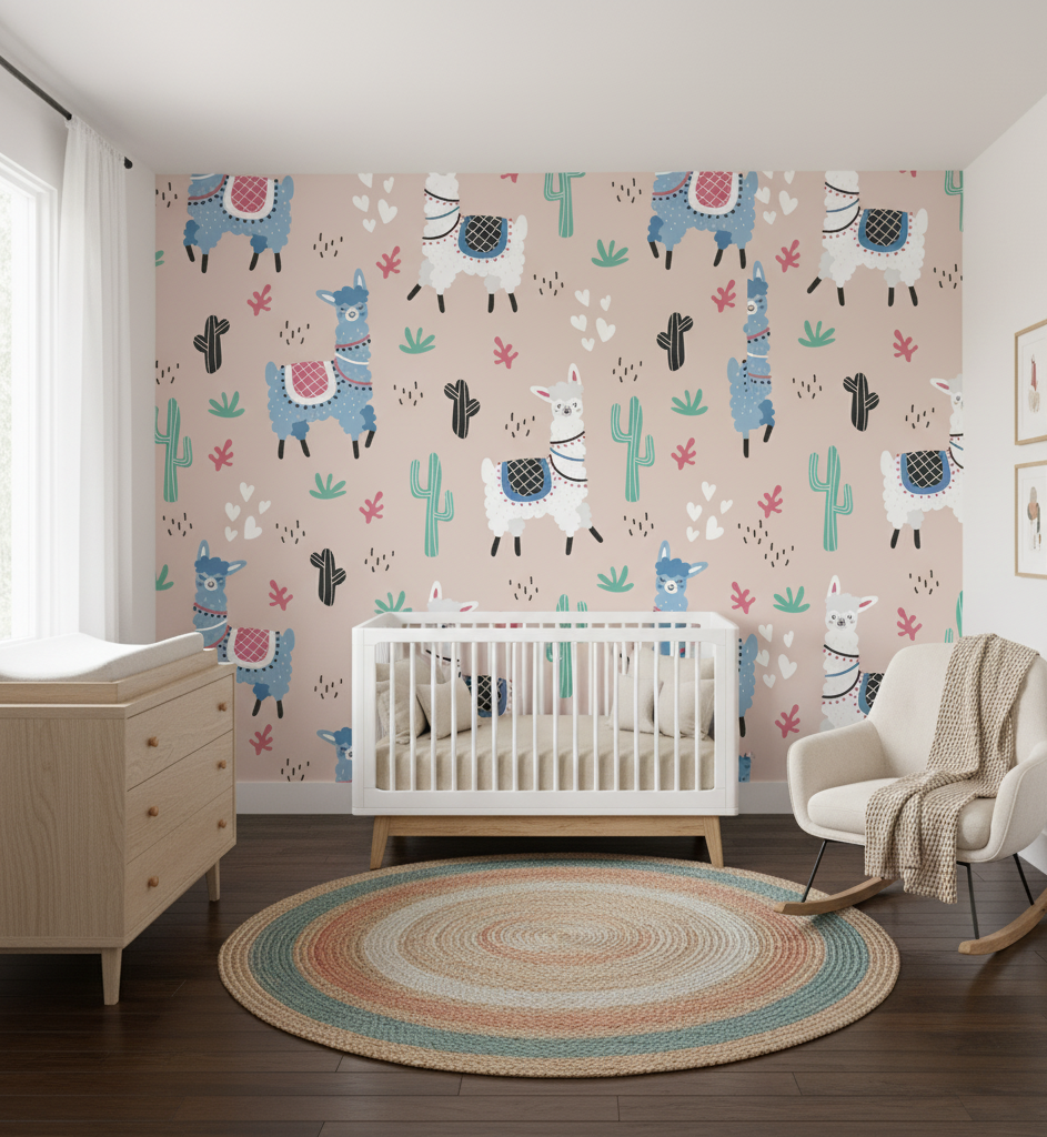 Nursery room with llama and cactus patterned wallpaper, crib, and rocking chair.