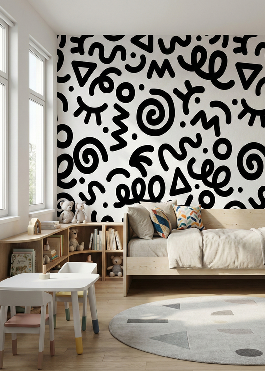 Modern room with abstract black and white wall pattern, wooden furniture, and colorful decor.