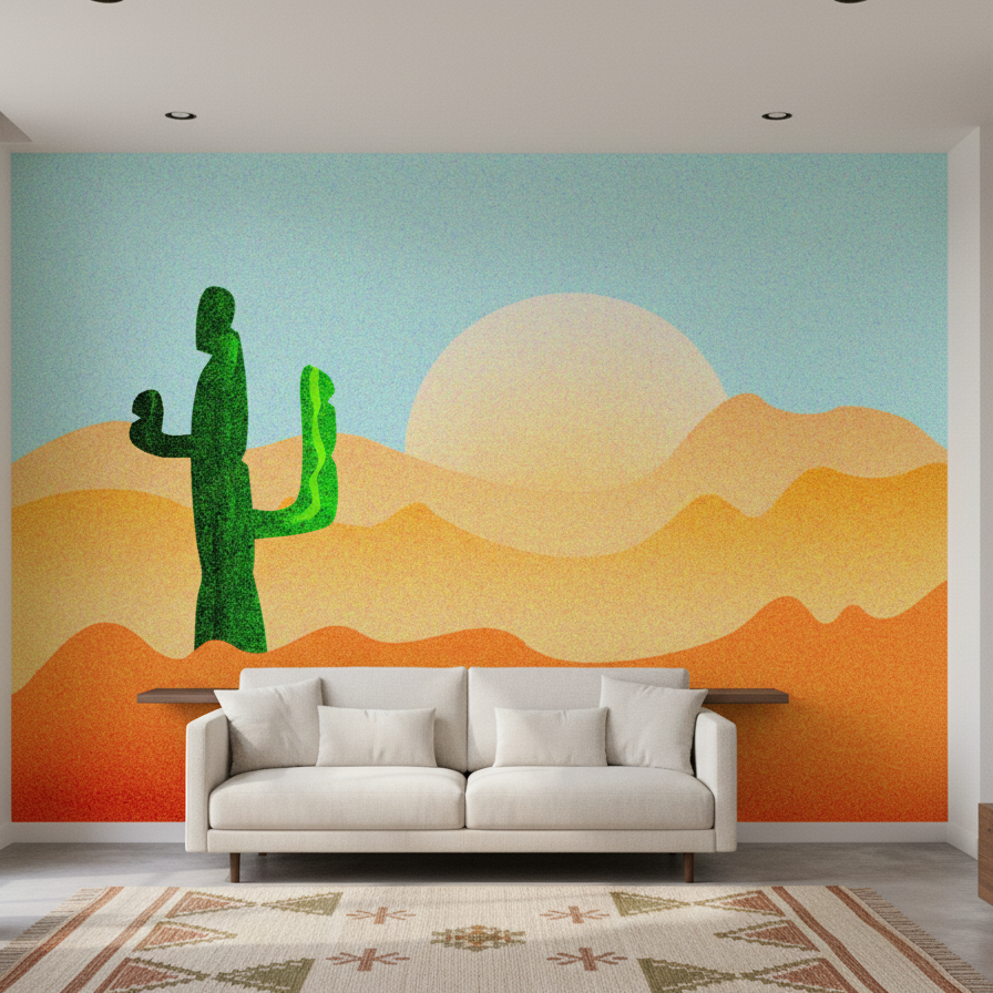 Desert Glow Mural, Sand Dunes, Sun & Cactus in Warm Earth Tones