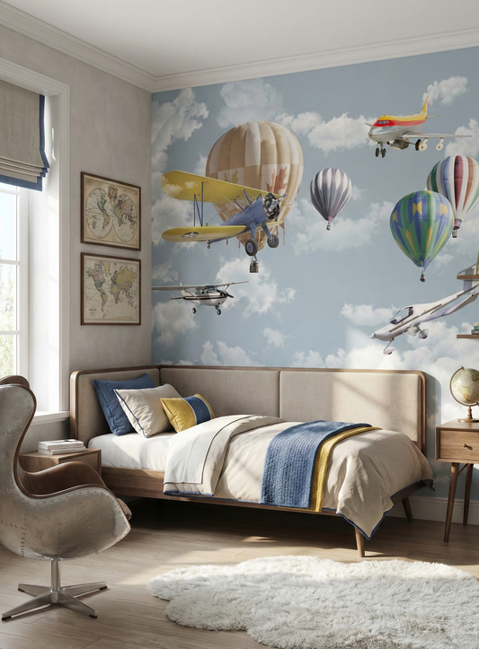Children's bedroom with airplane and balloon mural on the wall