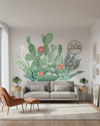 Living room with a large cactus mural on the wall, featuring a gray sofa, brown chair, and small round table.