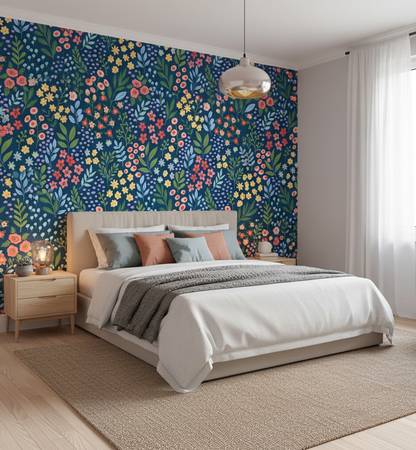 Modern bedroom with floral wall mural, bed, and side tables.