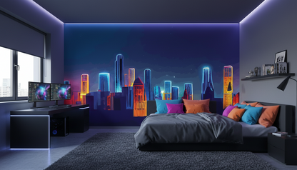 Neon Cityscape Gaming Room Mural