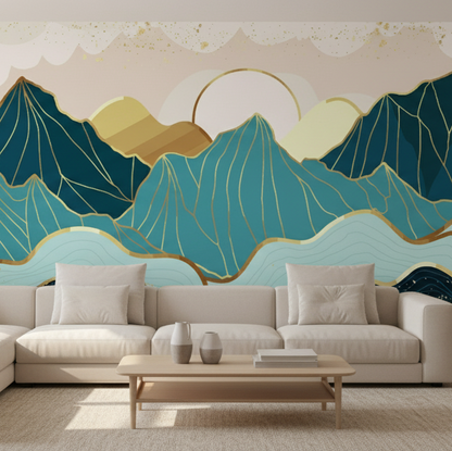 Modern living room with a large wall mural of mountains.