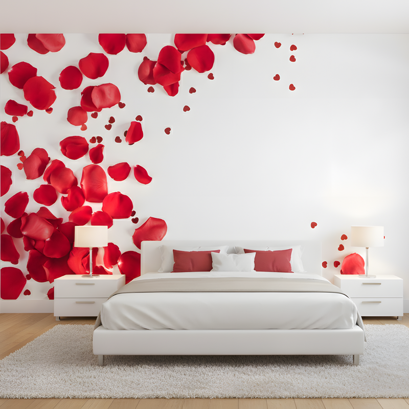 Modern bedroom with a large wall mural of red rose petals.