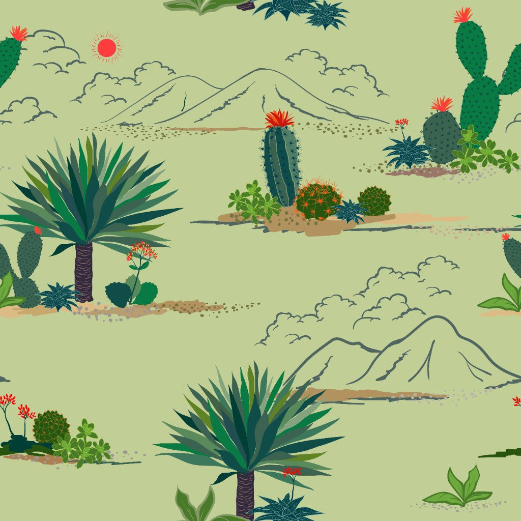 Desert Horizon Panorama Wall Mural - Sage Green Illustrated Cactus Scene